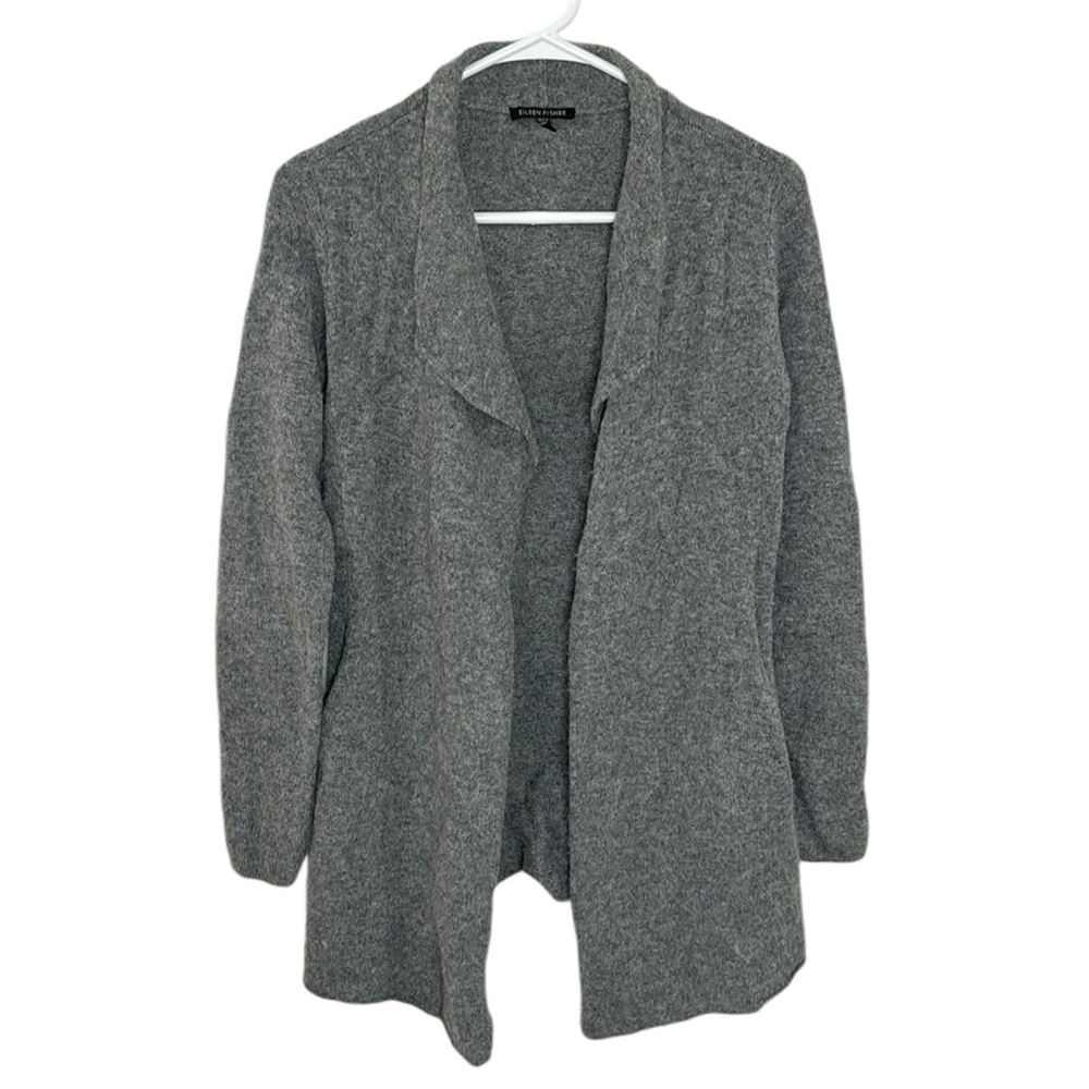 Eileen Fisher grey wool waterfall open front longline cardigan size XS